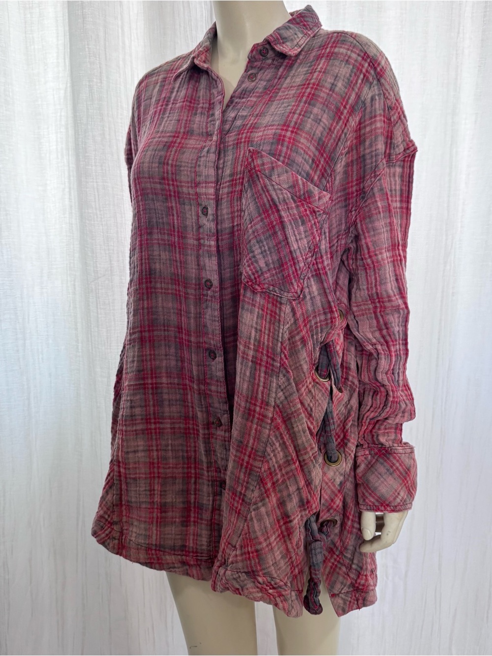 Free People M Pink Red Flannel Plaid Tunic Top Boho Hippie Long Sleeve Shirt - Picture 6 of 12